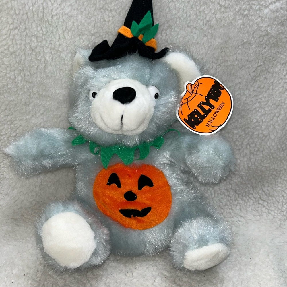 Kellytoy baby blue teddy bear halloween plush crazy eyes  vintage Kuddle Me 14"